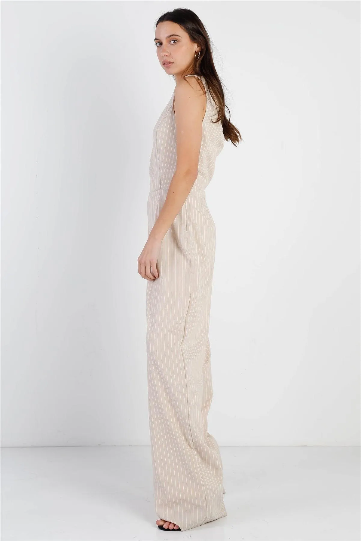 Beige & White Stripe Twisted Back Detail Sleeveless Jumpsuit /1-2-2-1