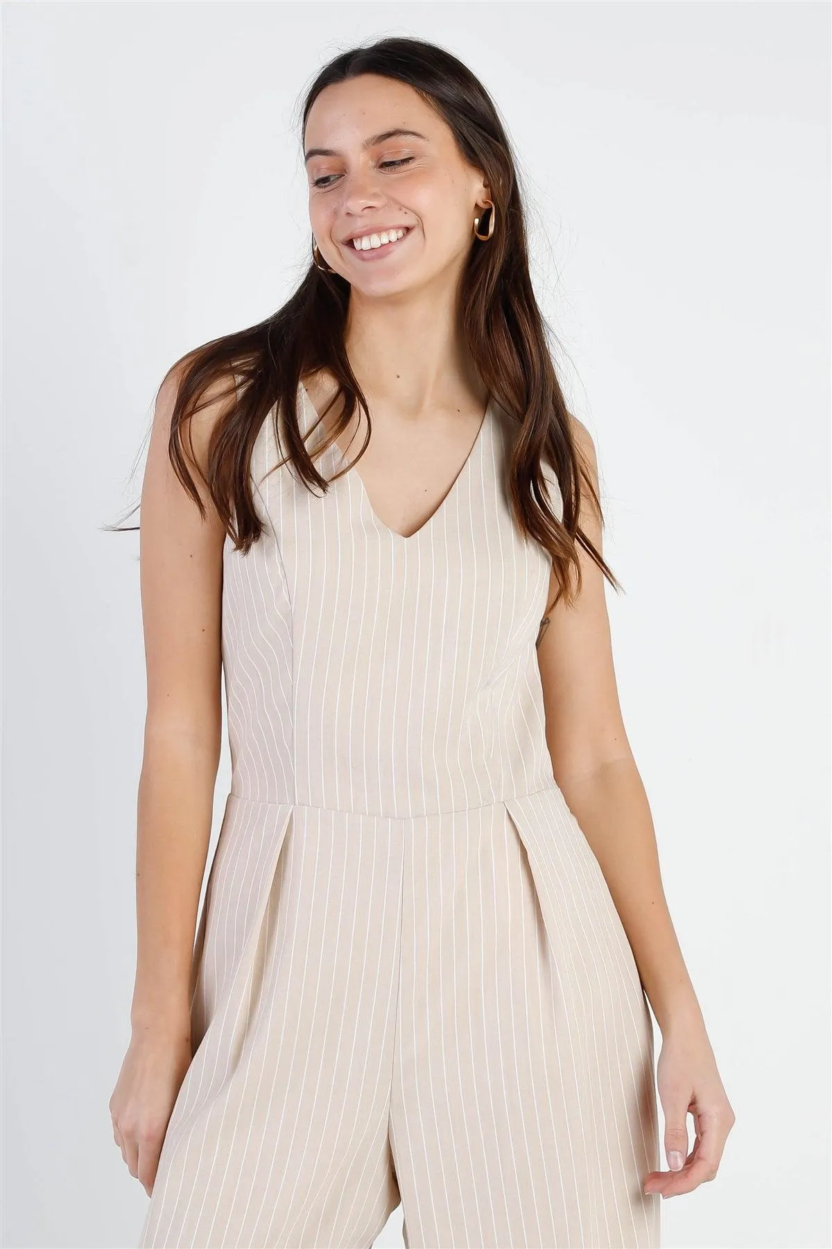 Beige & White Stripe Twisted Back Detail Sleeveless Jumpsuit /1-2-2-1