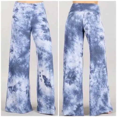 Blue Boho Wide Leg Relaxed Palazzo Lounge Pants Womens Casual