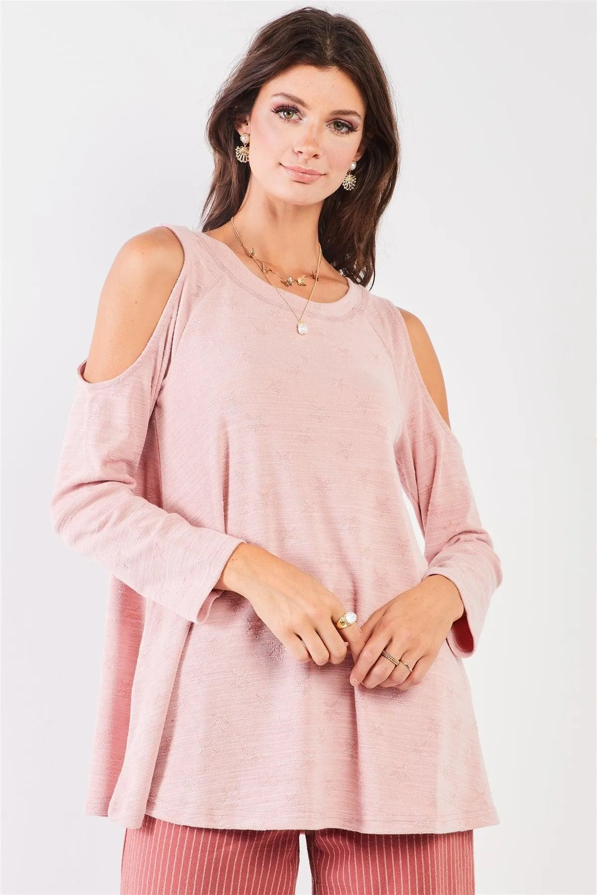 Blush Pink Star Pattern Embroidery Cold Shoulder Derail Long Sleeve Crew Neck Top /2-2-2