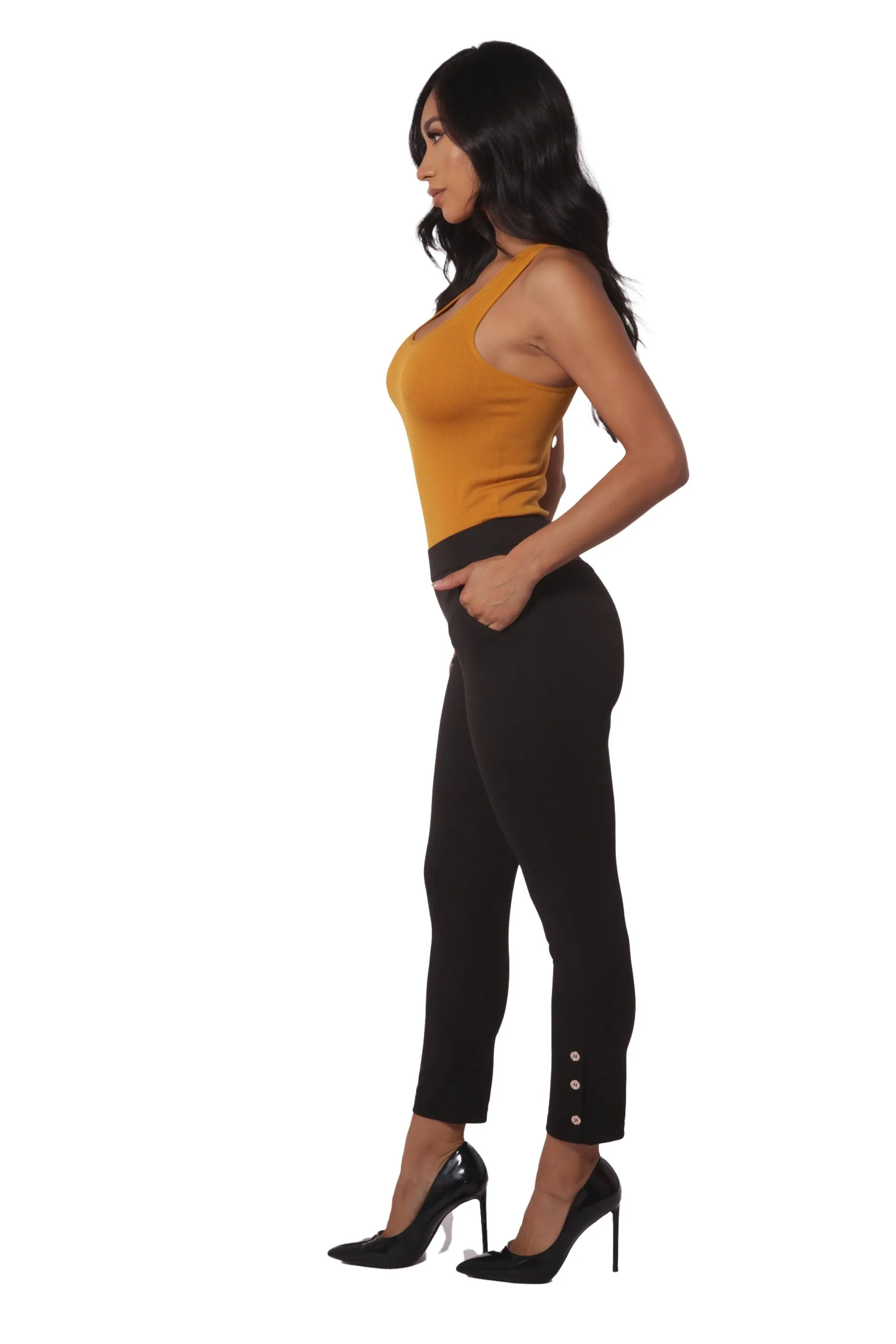 Cropped Pants With Side Ankle Button Detail - Black