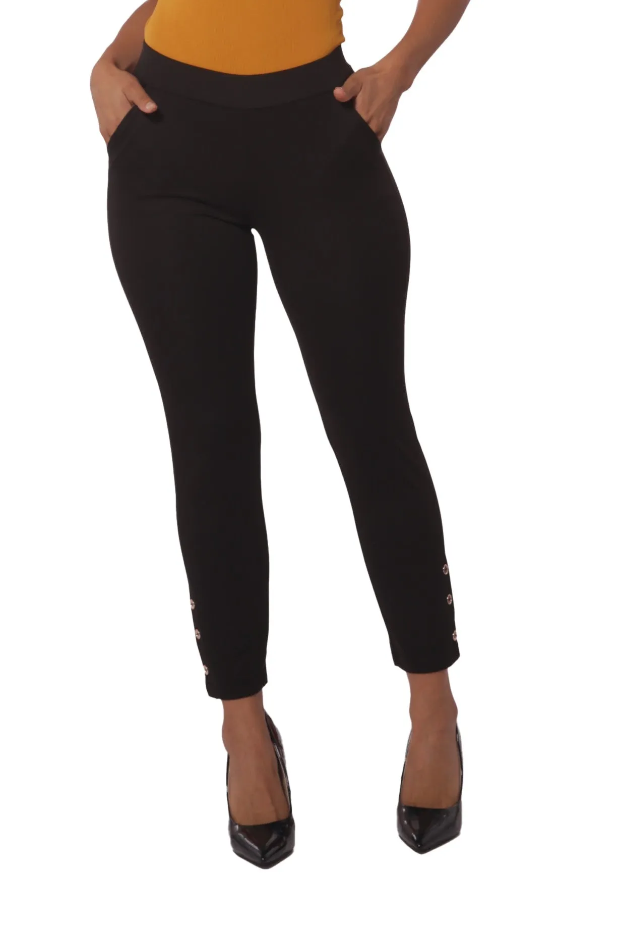 Cropped Pants With Side Ankle Button Detail - Black