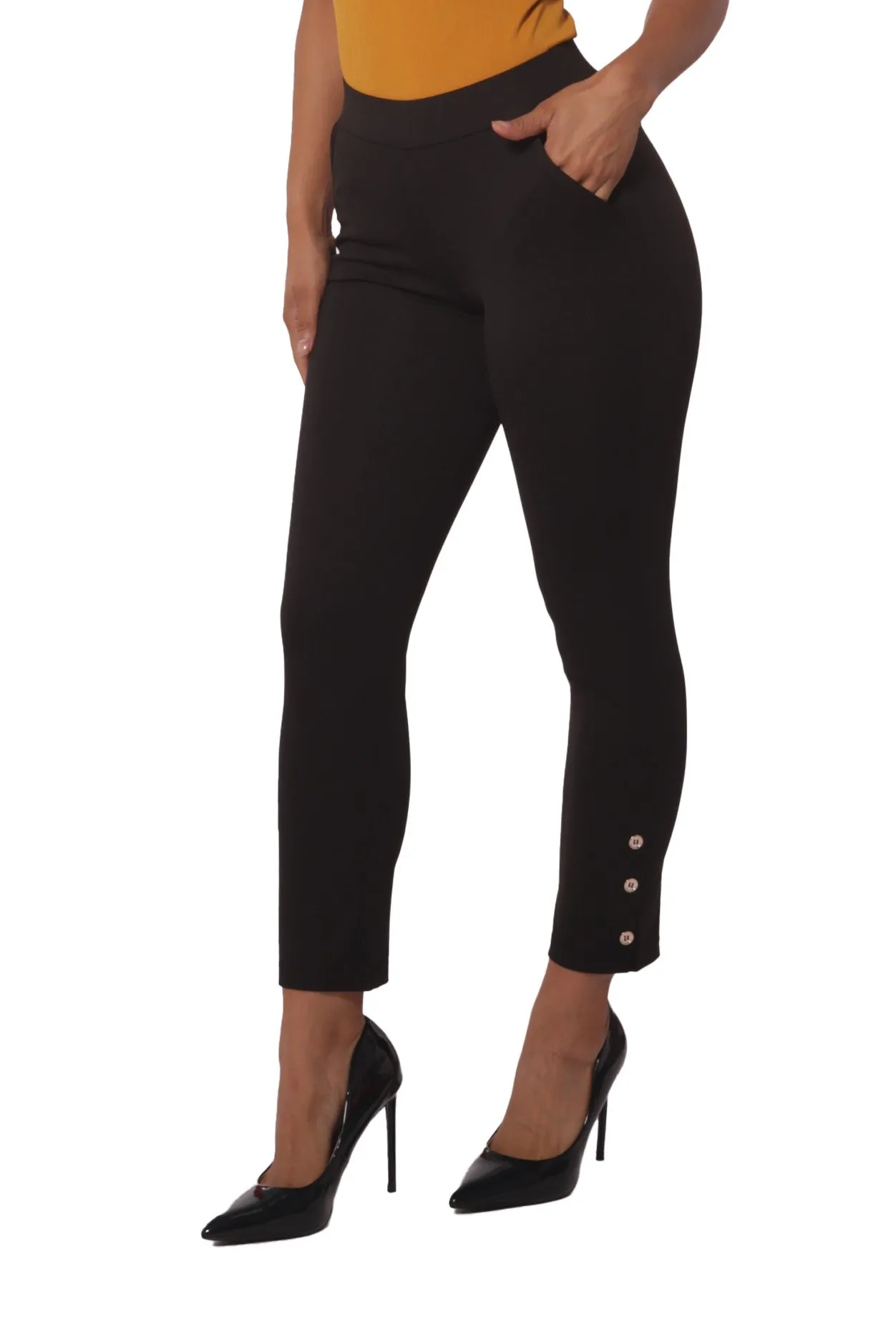 Cropped Pants With Side Ankle Button Detail - Black