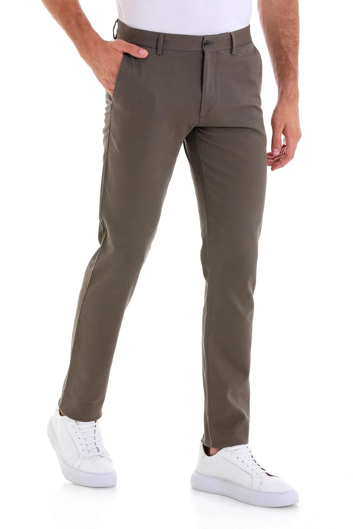 Dynamic Fit Side Pocket High Waist Unpleated Cotton Black Casual Pants, Khaki D.