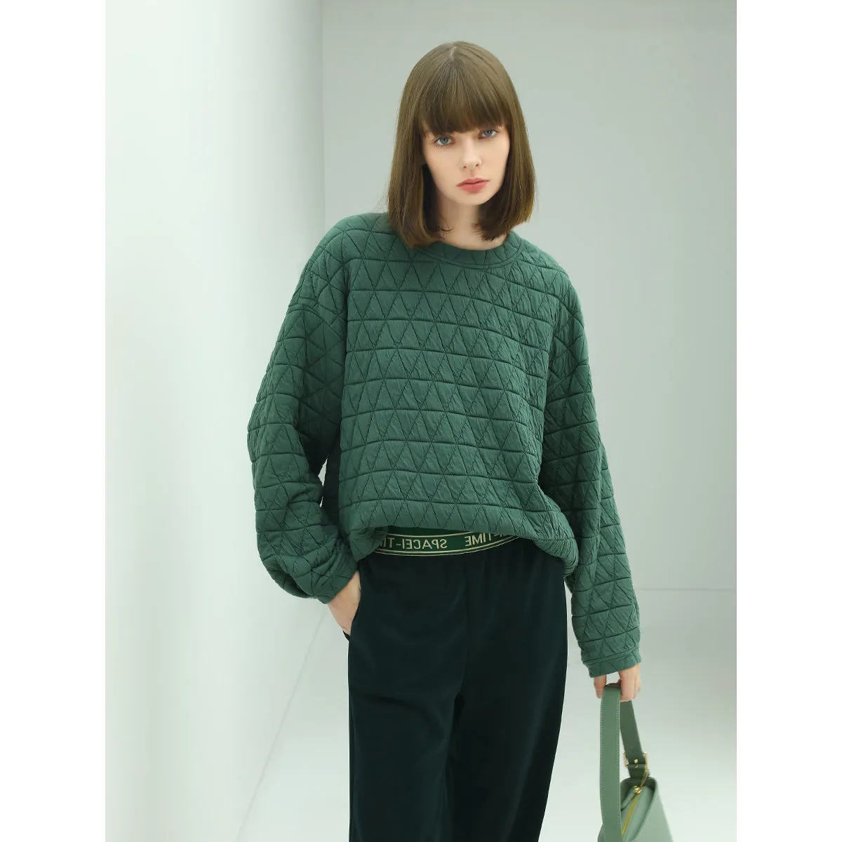 Festive Geometric Quilted Green Pullover Sweater