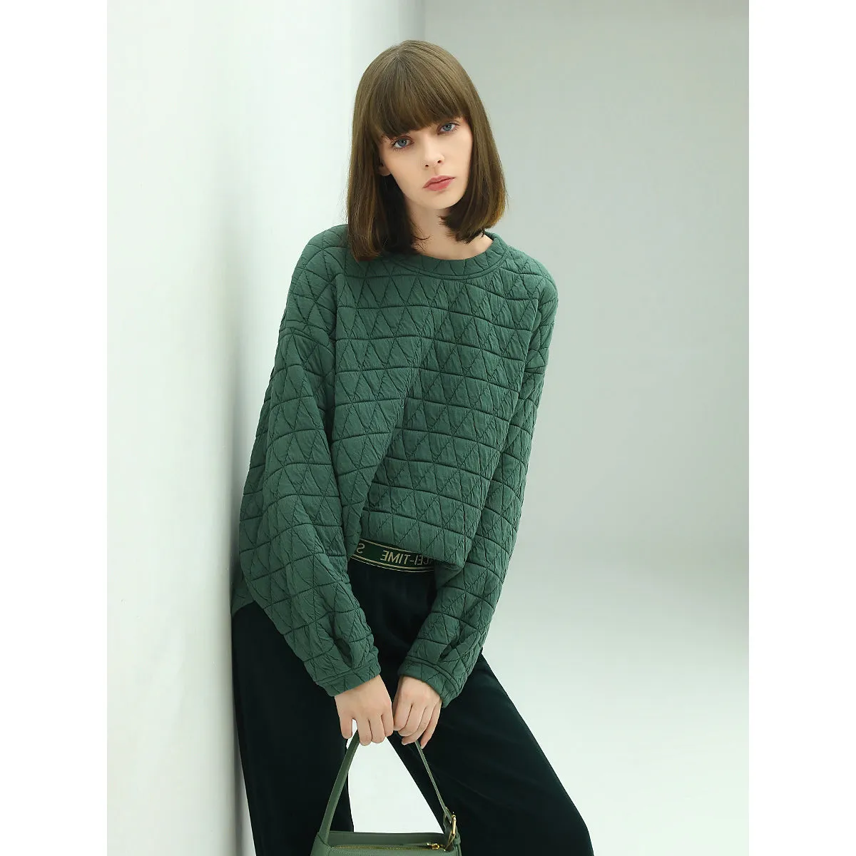 Festive Geometric Quilted Green Pullover Sweater