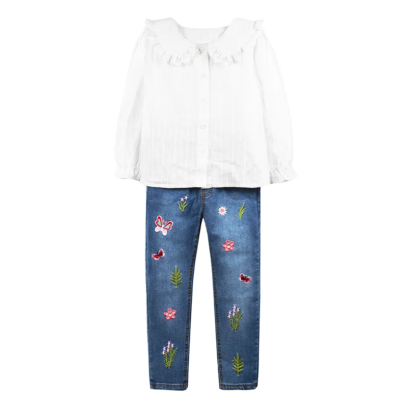 Girls Knitted Pullover Shirt Embroidery Jeans Pants Set