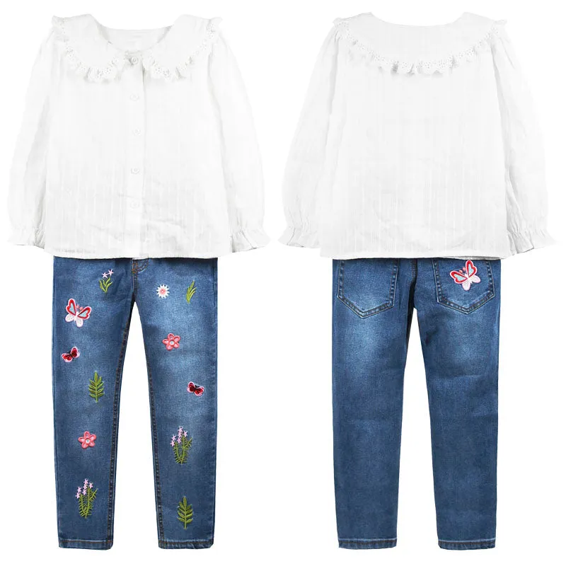 Girls Knitted Pullover Shirt Embroidery Jeans Pants Set