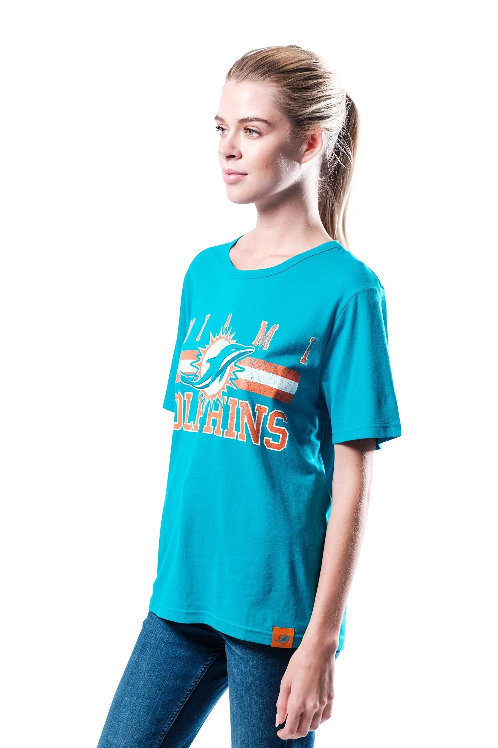 NFL Official Women's Distressed Graphics Super Soft Crew Neck T-Shirt|Miami Dolphins