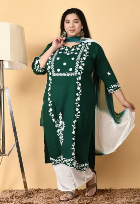 Plus Size Poetic Green Embroidered Kurta Pant Set with Dupatta