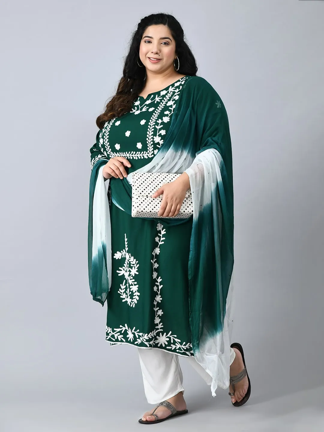 Plus Size Poetic Green Embroidered Kurta Pant Set with Dupatta