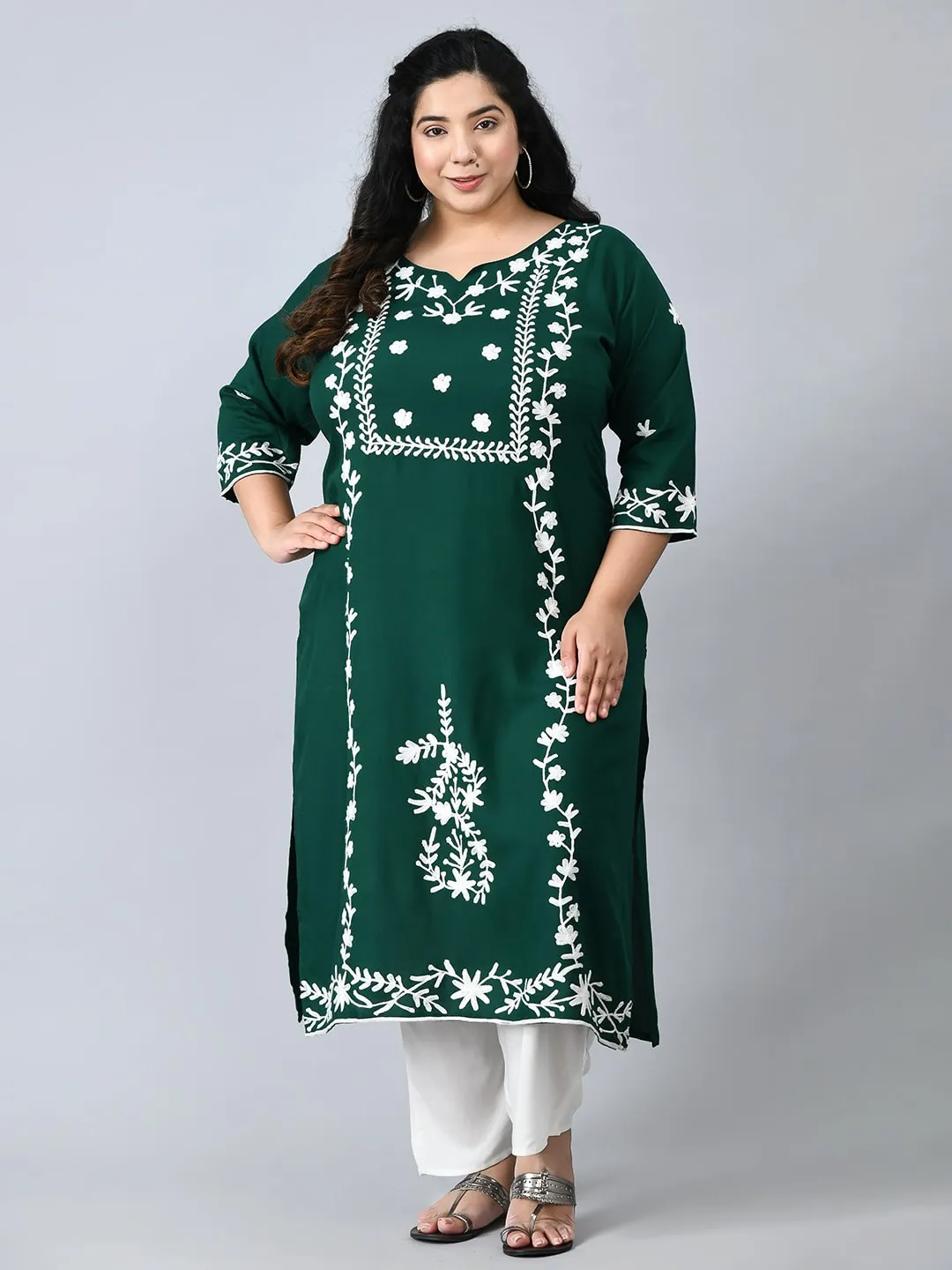 Plus Size Poetic Green Embroidered Kurta Pant Set with Dupatta