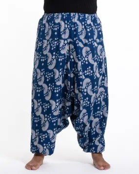 Plus Size Unisex Fan Prints Low Cut Cotton Harem Pants in Indigo