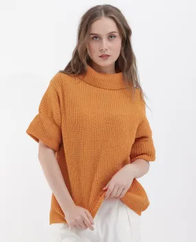 Rareism Women Daffy 1 Orange Cotton Fabric Short Sleeves High Neck Relaxed Fit Plain Sweater