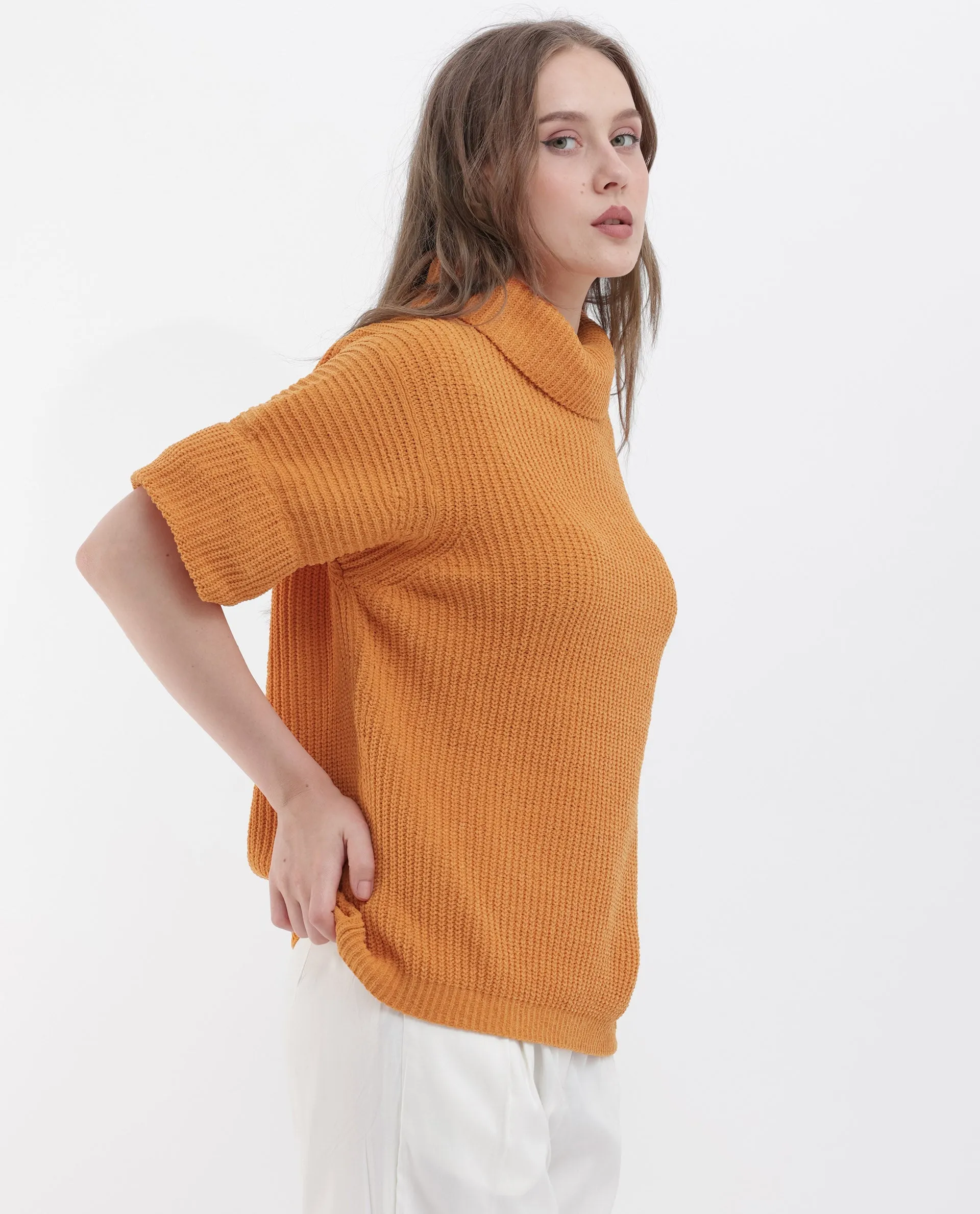 Rareism Women Daffy 1 Orange Cotton Fabric Short Sleeves High Neck Relaxed Fit Plain Sweater