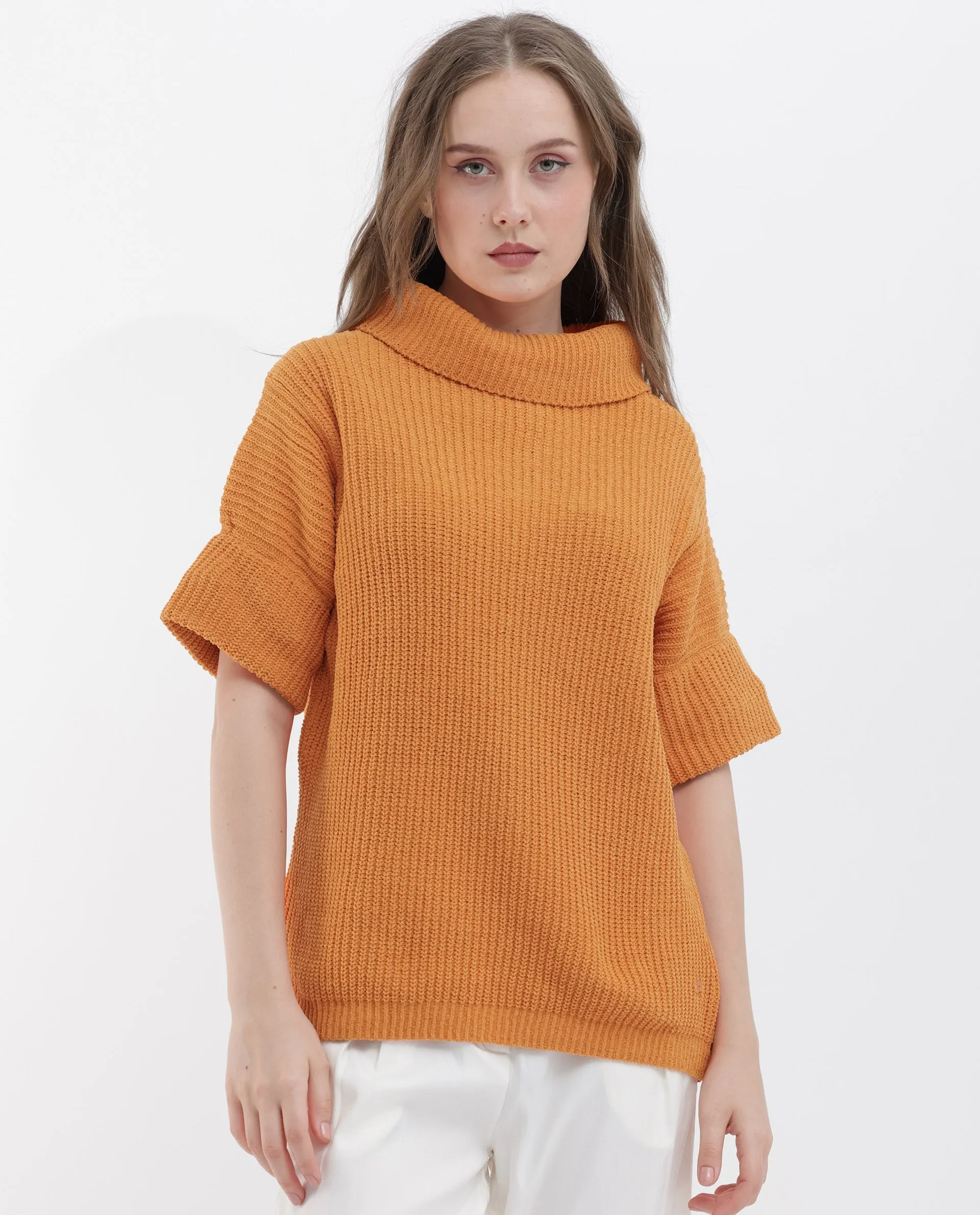 Rareism Women Daffy 1 Orange Cotton Fabric Short Sleeves High Neck Relaxed Fit Plain Sweater