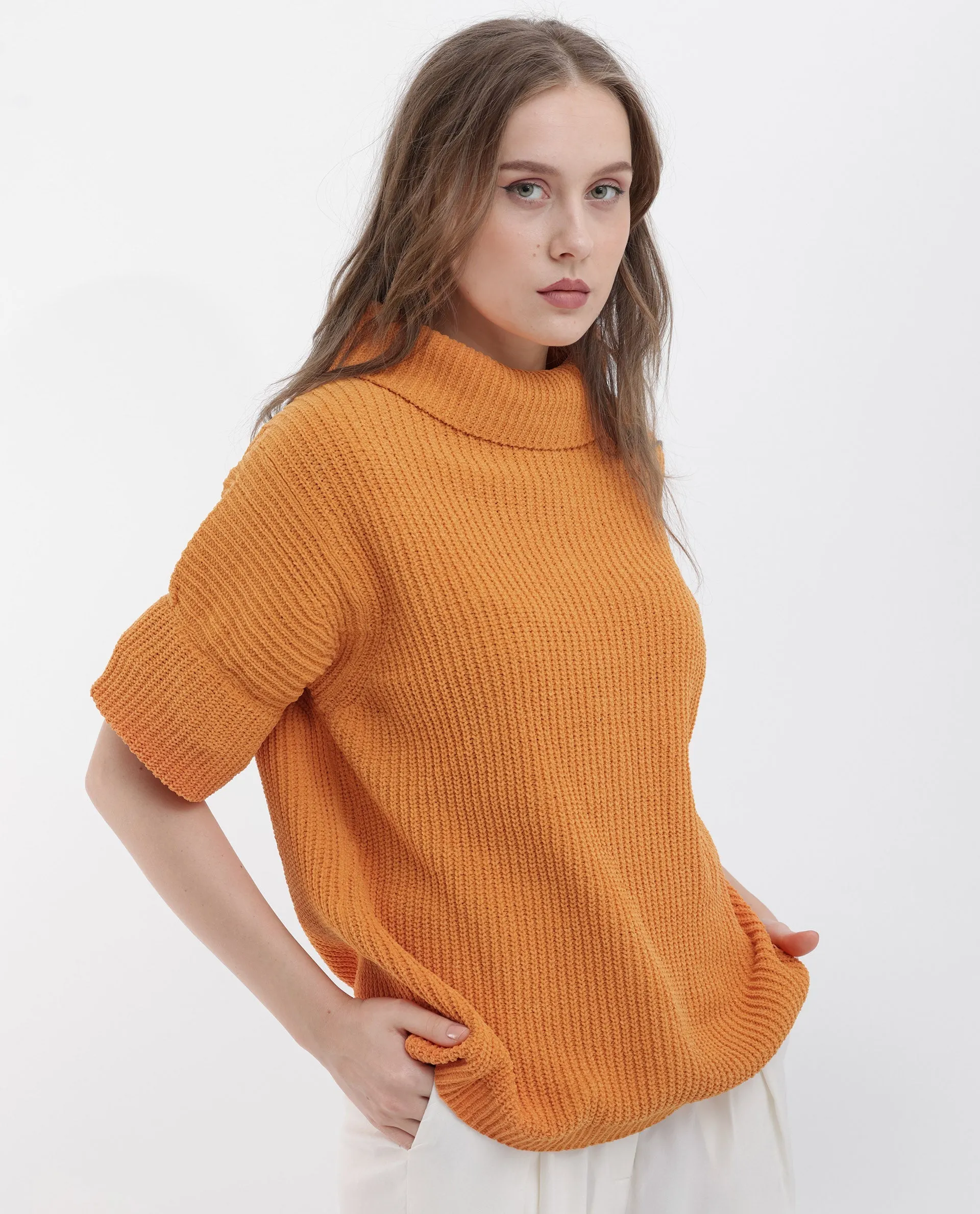 Rareism Women Daffy 1 Orange Cotton Fabric Short Sleeves High Neck Relaxed Fit Plain Sweater