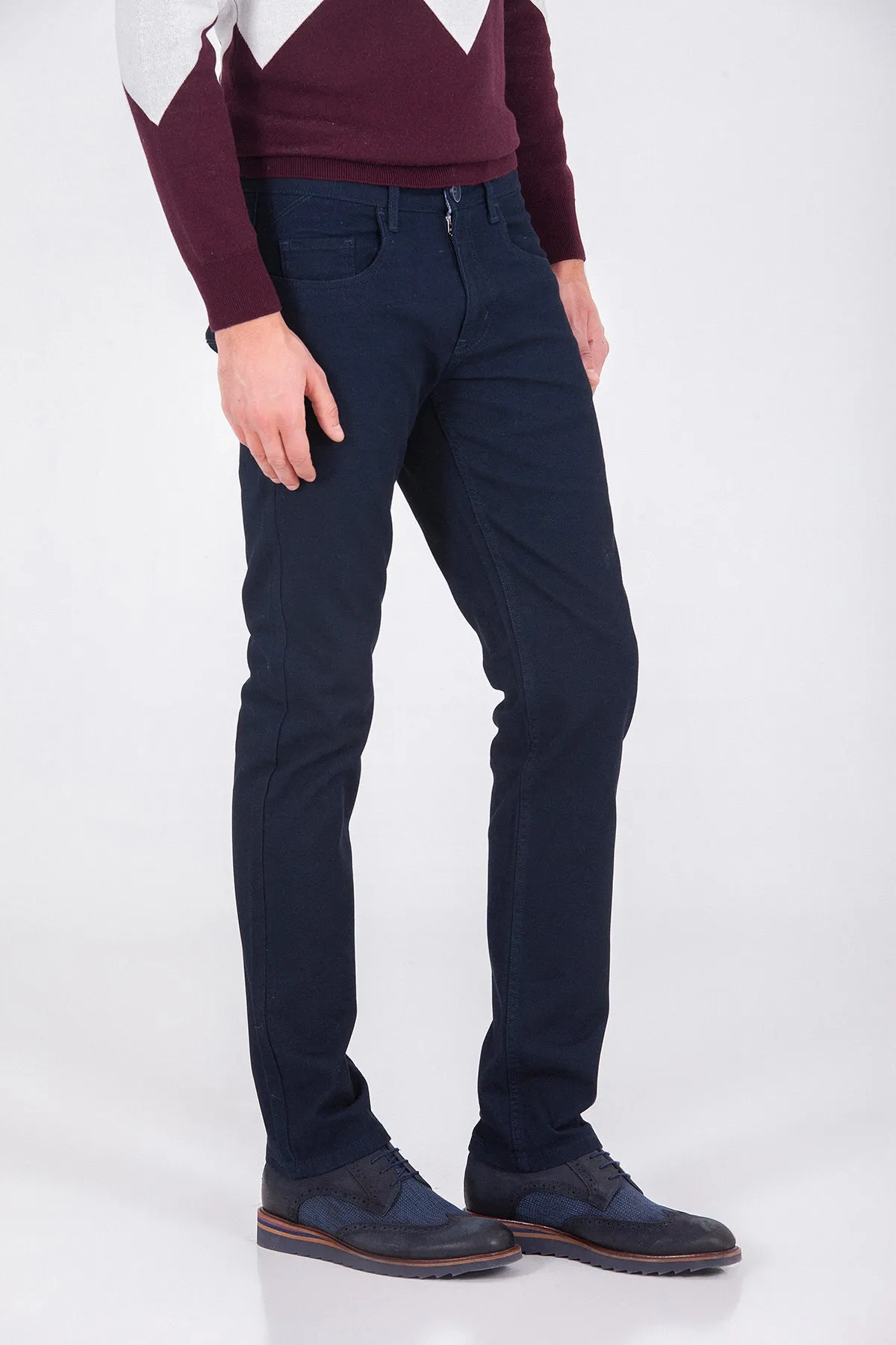 Regular Fit 5 Pocket Low Waist Cotton Navy Casual Pants