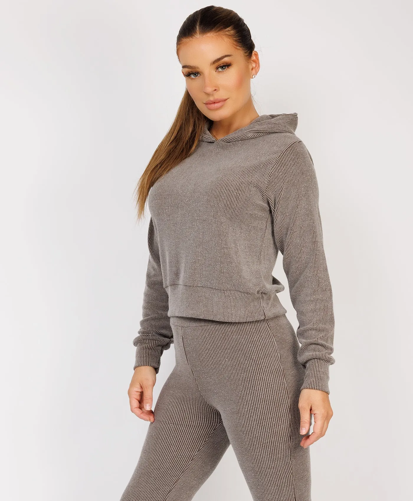 Taupe Ribbed Hoody & Skinny Flare Trousers Loungewear Set