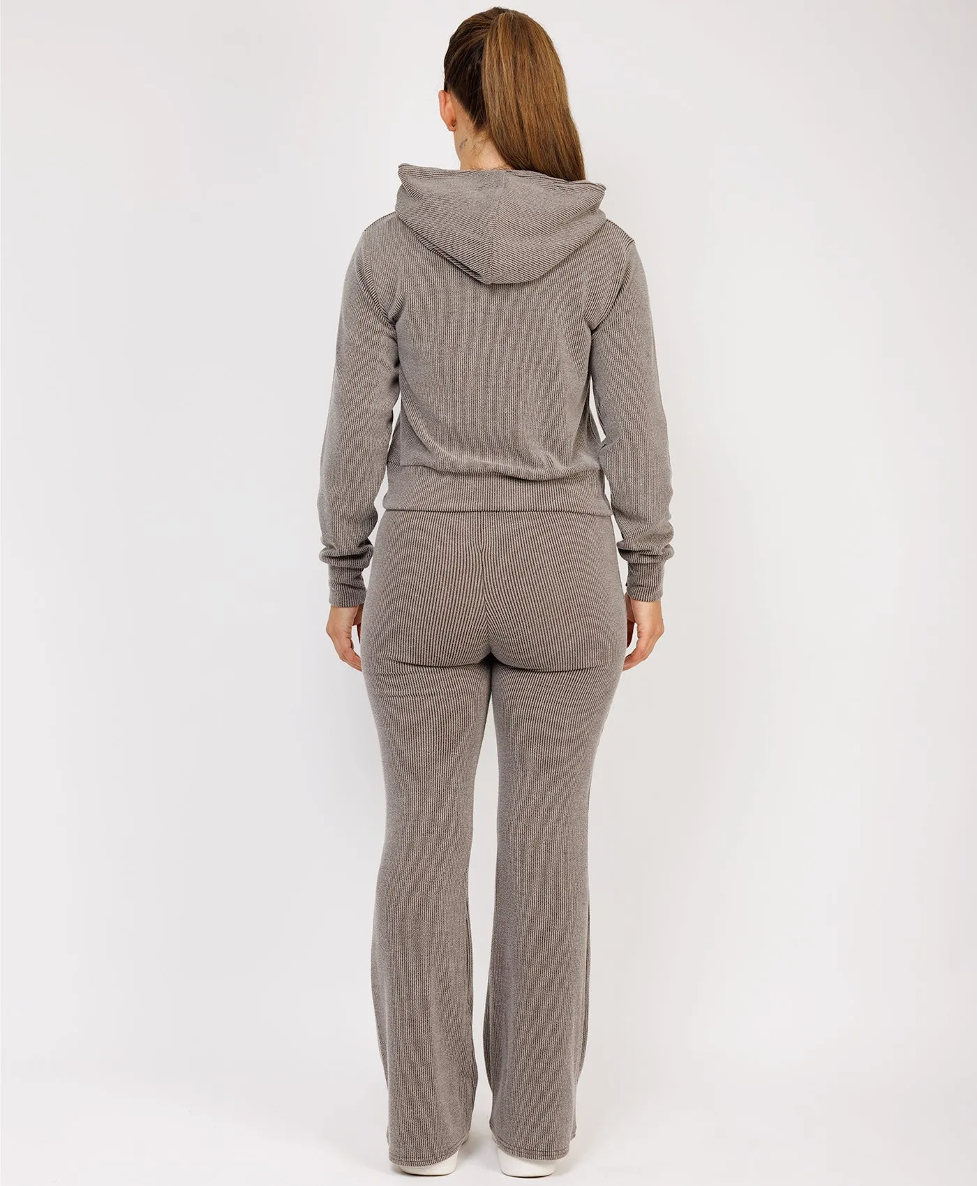 Taupe Ribbed Hoody & Skinny Flare Trousers Loungewear Set