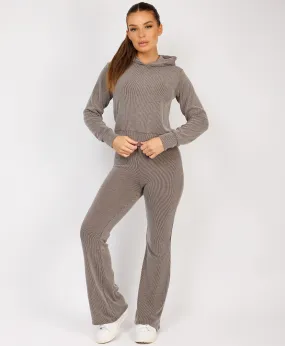 Taupe Ribbed Hoody & Skinny Flare Trousers Loungewear Set