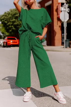 Textured Dark Green Loose Fit T Shirt and Pants Set Homewear