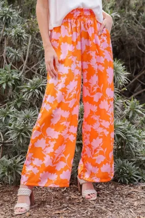 Tropical Print Wide Leg Pants - Orange/Pink